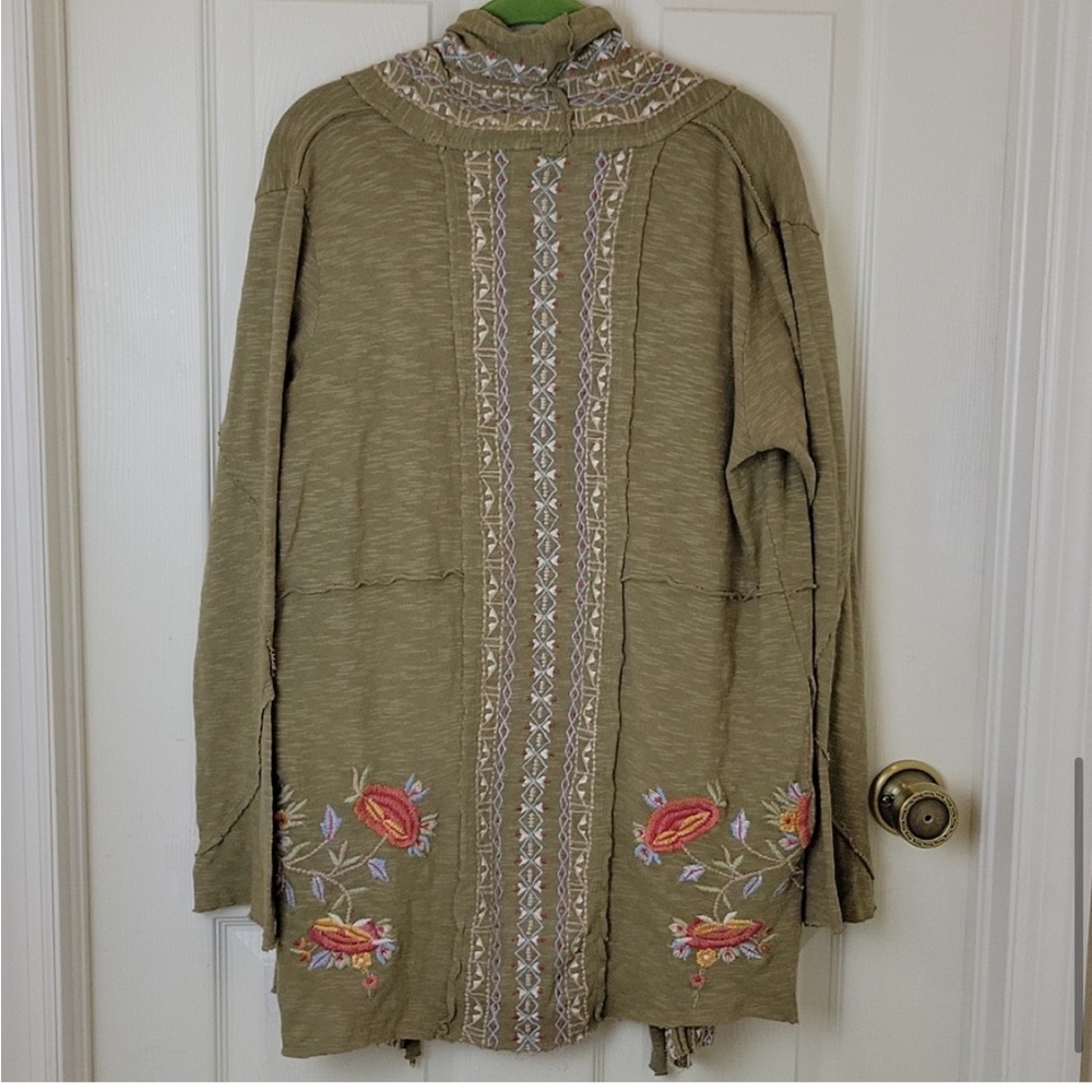 Caite Floral Embroidered Sage Green Open Front 100% Cotton Longline Cardigan M